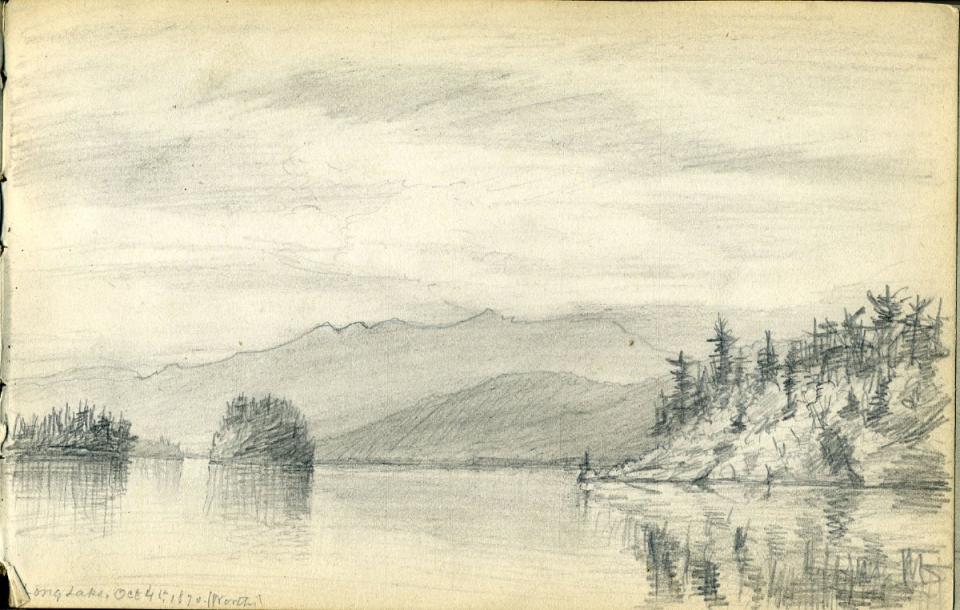 Drawing from October 4, 1870, a page from Seneca Ray Stoddard Sketchbook #4; pencil sketch of a lake with forested shores and islands. Mountains in the distance, depicting Long Lake, Catalog Number 1974.233.0045h