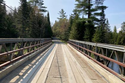 A wooden bridge leading to a wooded trail.