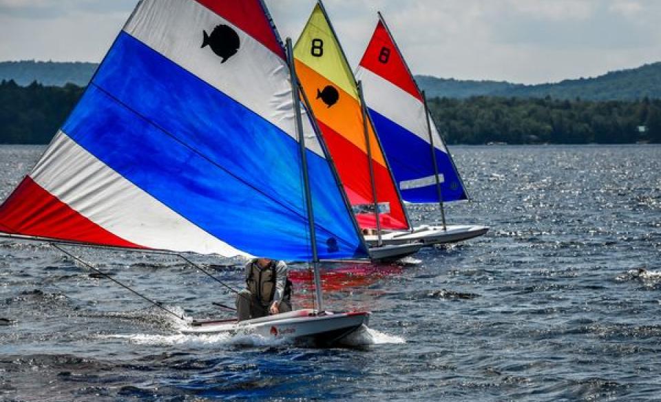 Three sail boats riding parallel to each other, with one slightly ahead of the other.