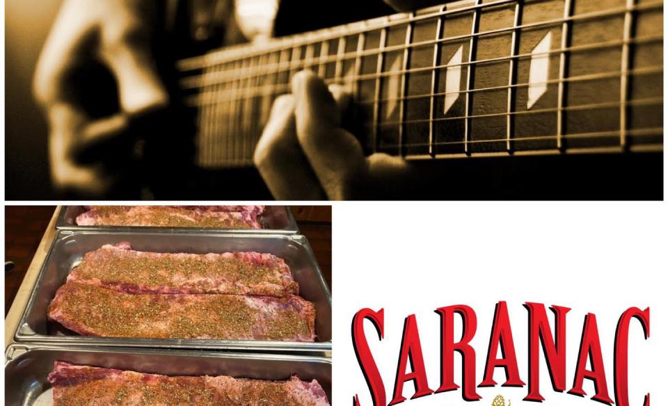 Photo mash of a man playing guitar, meat ready to be bbq'ed, and the Saranac Brewing Company logo